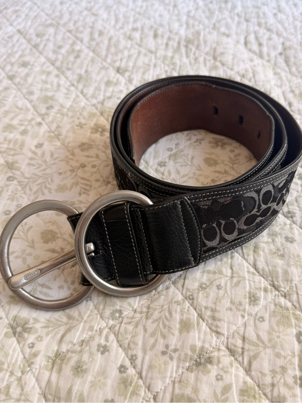 Vintage Coach black monogram leather belt with silver hardware